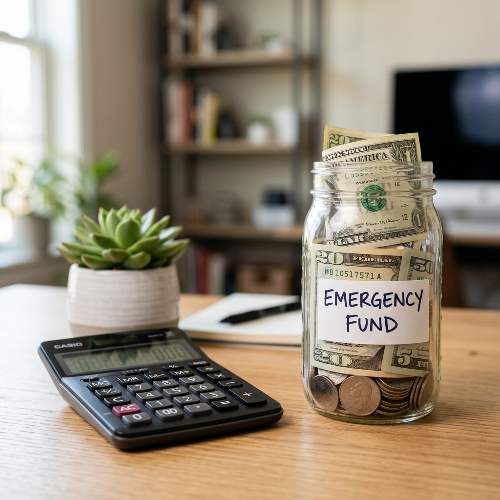 Emergency fund savings jar on a desk