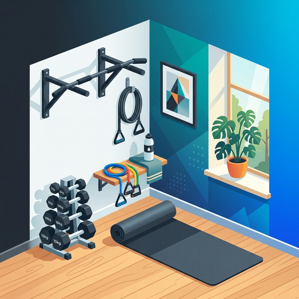 Home gym setup with budget equipment illustration