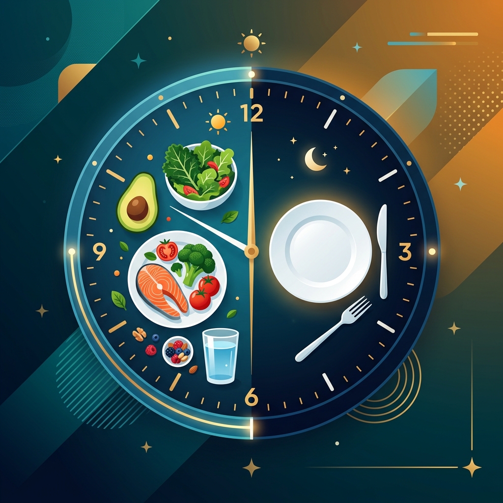 Intermittent fasting guide illustration with clock and food