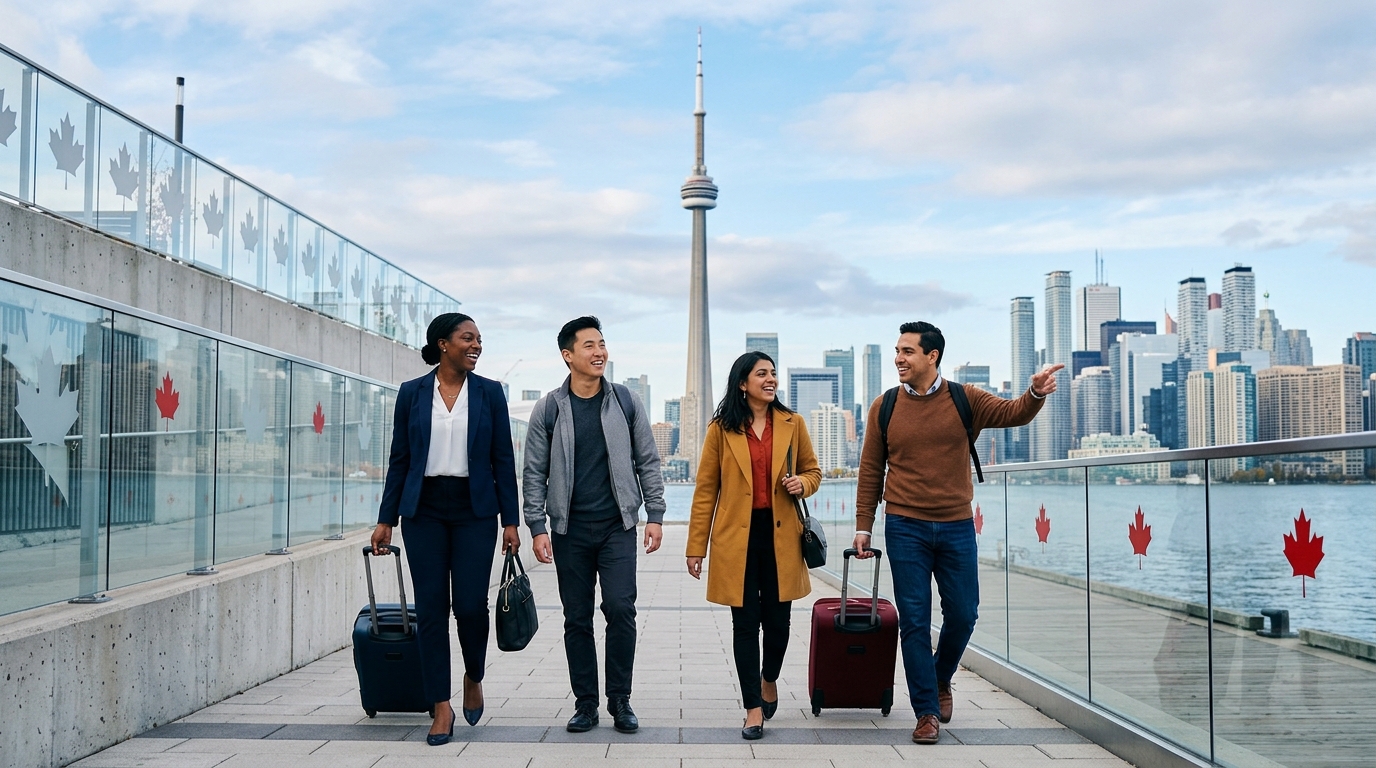 How to migrate to Canada - professionals arriving in Toronto with CN Tower in background