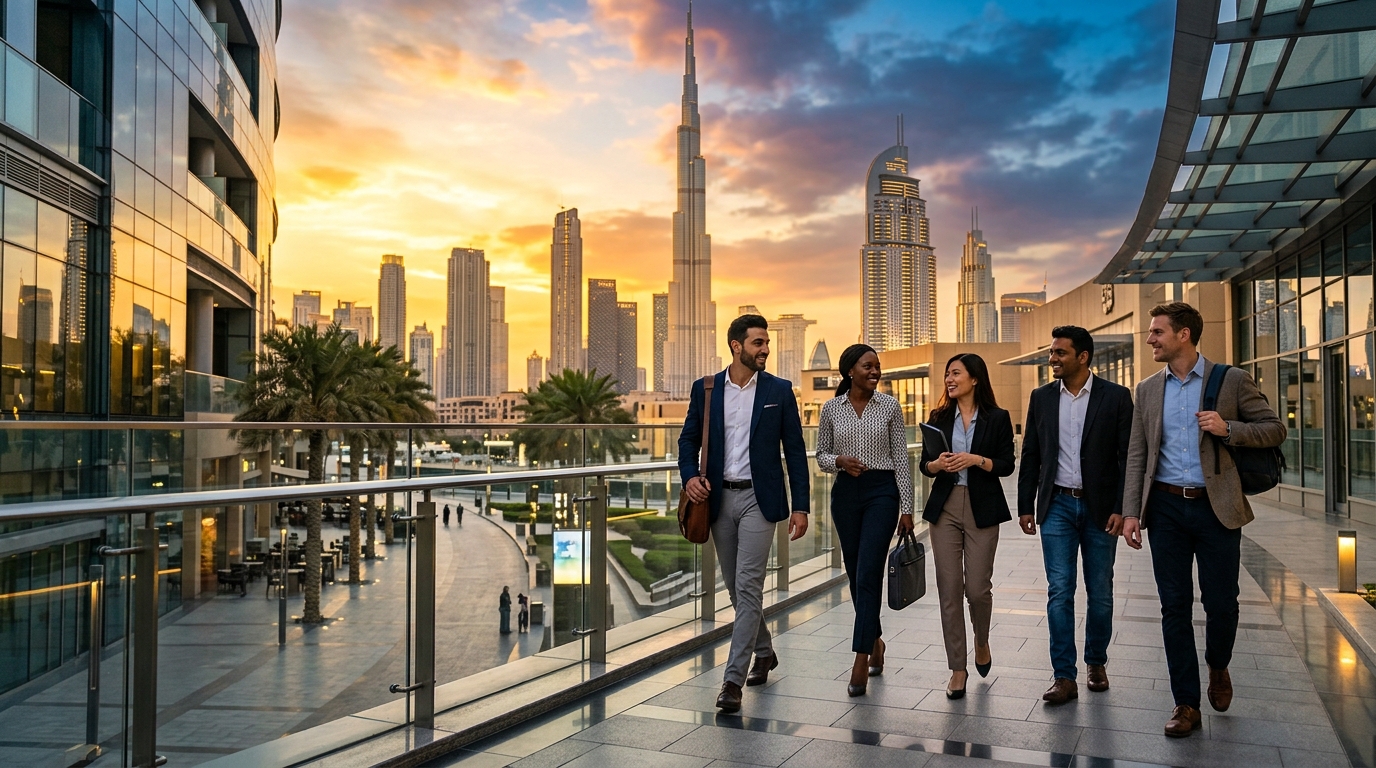 How to move to Dubai - professionals in modern Dubai skyline with Burj Khalifa