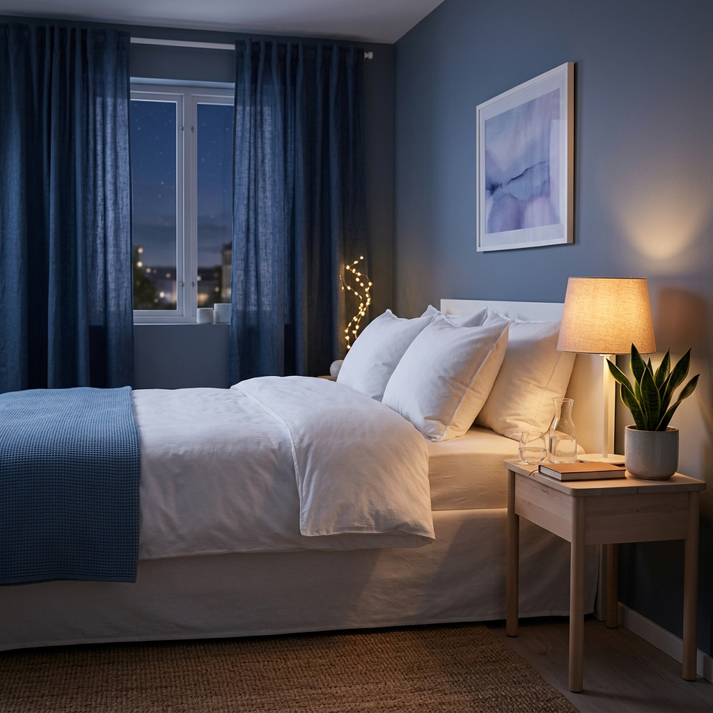 Serene bedroom with soft lighting for better sleep