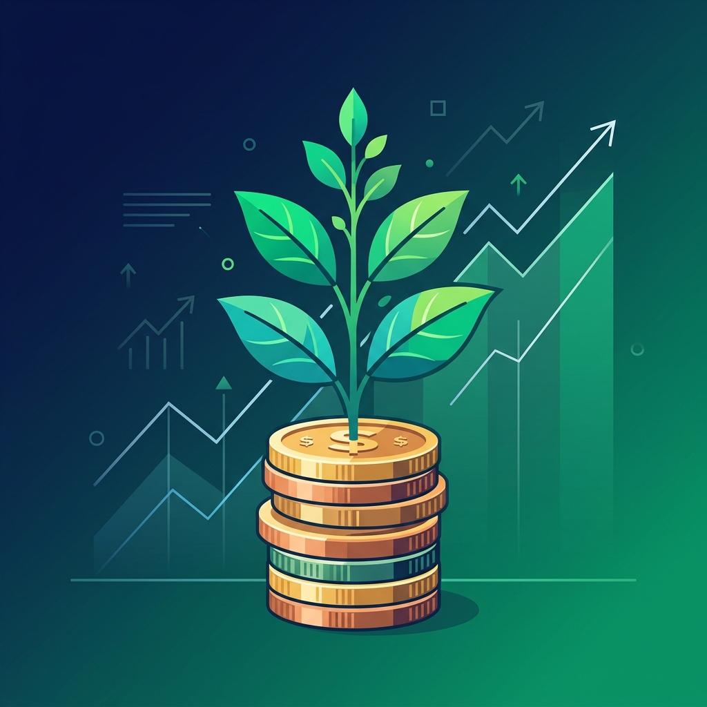 How to start investing with $100 illustration showing a plant growing from coins